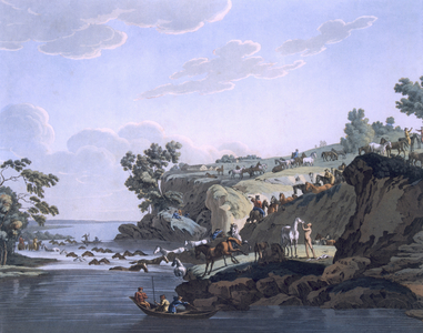 Horses crossing a river, 1812-13 (coloured engraving)