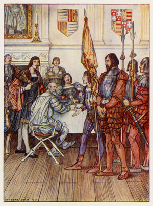 The Page presents his Prisoner (colour litho)