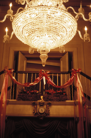 Crush bar chandelier at London Royal Opera House, Covent Garden, before restoration