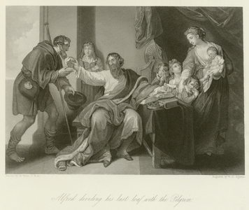 Alfred dividing his last loaf with the pilgrim (engraving)
