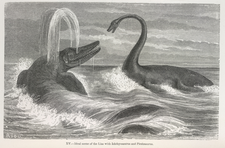 'Ideal scene of the lias with Ichthyosaurus and Plesiosaurus', 1865 (engraving)