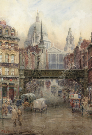 St Paul's and Ludgate Hill, 1917 (watercolour over pencil on paper)