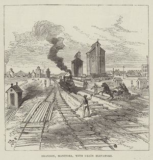 Brandon, Manitoba, with Grain Elevators (engraving)