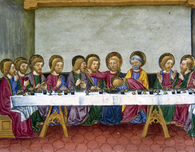 The Last Supper. Jesus announces to the apostles that one of them will betray. Codex of Predis (1476). Italy.