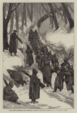 With the Russians and General Rauch, dragging Cannon up a Mountain Steep (engraving)