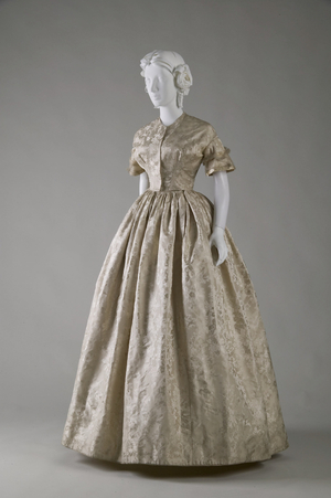 Wedding dress (front oblique view), 1854, Silk jacquard, satin, net, No label