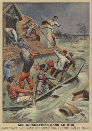 Rescue of winegrowers trapped by floods in the French Midi (colour litho)