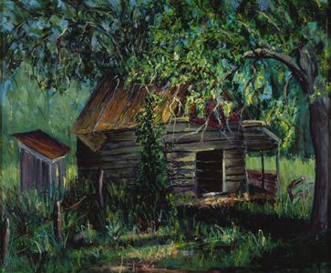 Log Smoke House, Tate Farm, Nebo, N.C., 1979 (oil on board)