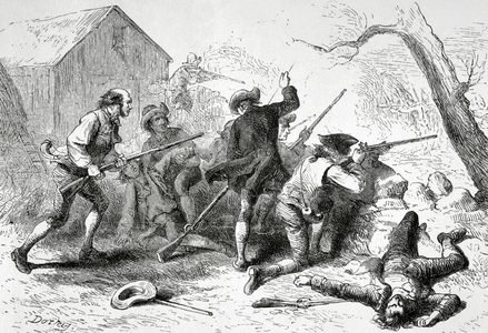 American Revolutionary War (1775-1783). Battles of Lexington and Concord. April 19, 1775 (engraving)