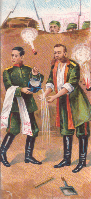 Soldier washing under fire, 1900s (colour litho)