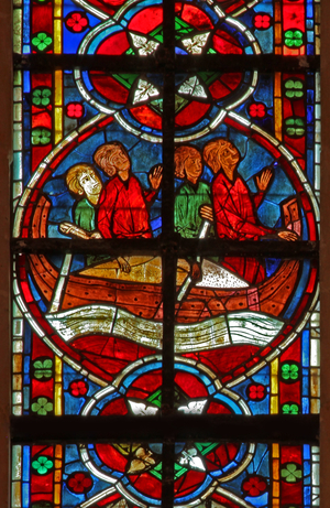 Window w209 depicting St Nicholas welcomes a boat (stained glass)