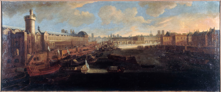 The Grande Galerie of the Louvre, with the Porte Neuve, the Pont-Neuf, the Cité, the Collège des Quatres-Nations under construction and the Quai Malaquais, circa 1665, on the Seine the royal galley, present-day 1st and 6th arrondissements, between 1660 and 1670 (oil on canvas)