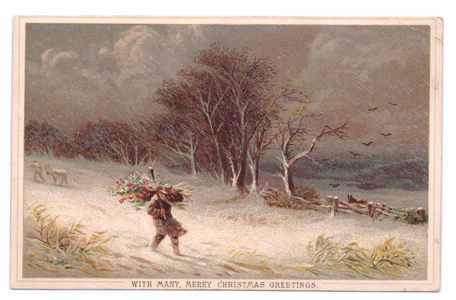 Victorian Christmas card of a man walking through a field carrying flowers on his shoulder on a wintry evening, c.1880 (colour litho)