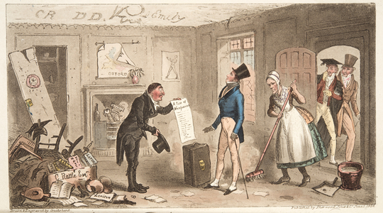 College Comforts, A Freshman taking possession of his Rooms, from "The English Spy",  pub. 1824 (hand coloured engraving)