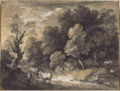 Wooded Landscape with Herdsman and Cattle, c.1775-80 (black chalk & grey-black washes, heightened with white gouache on laid paper)