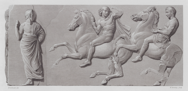 Horsemen, ancient Greek marble relief from the Parthenon Frieze (engraving)