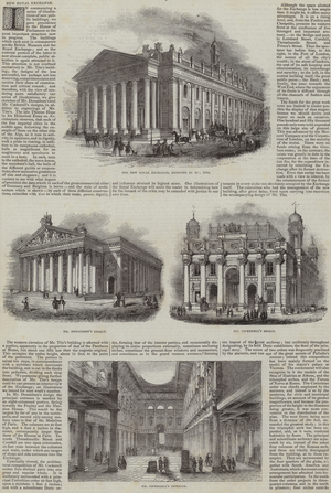 The New Royal Exchange, London, with alternative designs (engraving)