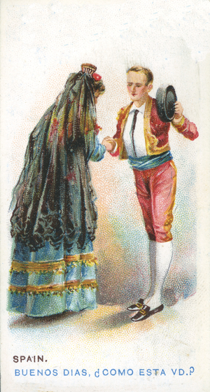 Customary Greeting in Spain, 1907 (colour litho)