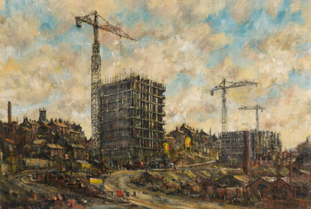 The Construction of College Bank Flats, Rochdale, Lancashire, 1966 (oil on board)