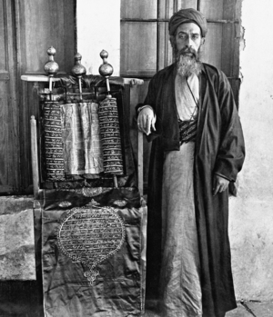 High Priest of the Samaritan Synagogue in Palestine, 1908 (b/w photo)
