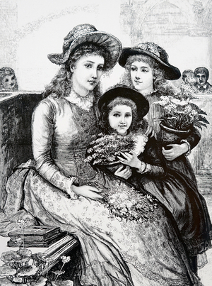 A flower sermon: girls taking plants and flowers to church for blessing. Illustrated by Marcella M. Walker, British artist, 1/1/1887 (engraving)