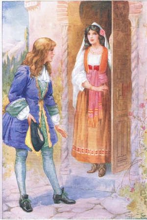 Ruyz De Alercon and the Rose Of the Alhambra (from the story The Rose of Alhambra) , illustration from'Tales of Alhambra', c.1940 (colour litho)