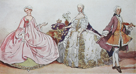 Fashion, clothing, traditional costumes in France at the time of the Rococo around 1730-1745