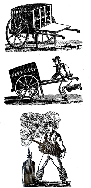 Engraving depicting a handcart containing six cylinders charged with water