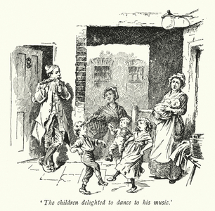 'The children delighted to dance to his music' (litho)