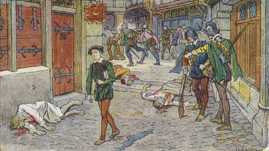 The Duke of Sully, as a young student, escaping the St Bartholomew's Day Massacre by carrying a Catholic book of hours under his arm, 1572 (colour litho)