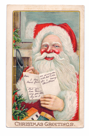 Edwardian Christmas postcard of Father Christmas reading a letter, c.1910 (colour litho)