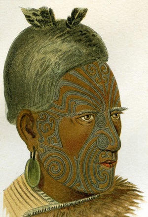 Tattooed face of a Maori chief, 1894 (litho)