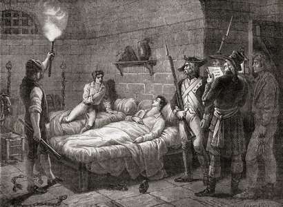 Jean Simon Loizerolles (1733-1794) gives himself up for execution in place of his son Francois Simon Aved de Loizerolles (1771 - 1845), his son was deeply asleep when the guards came to take him from his cell in the Saint Lazare prison. From Histoire de la Revolution Francaise (b/w engraving)