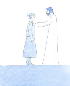 Christ brushed my shoulder, as He assured me that our minor failings are like little bits of dust on a smart suit, as we approach Him for Holy Communion, 2005 (w/c on paper)