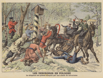 Terrorists attacking a mail coach in Poland (colour litho)