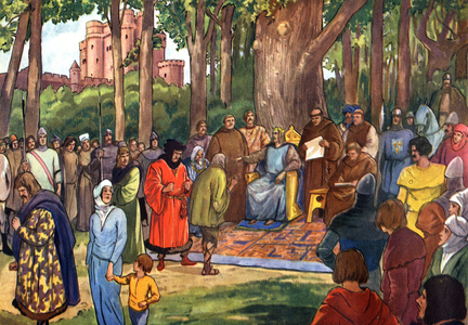 Saint Louis pronouncing justice under the oak in Vincennes, 1948 (illustration)