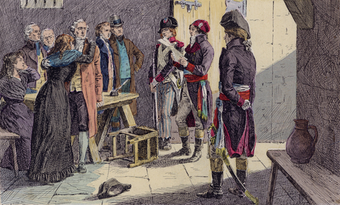 The condemned being summoned from their prison cell during the French Revolutionary Reign of Terror, 1793-1794 (colour litho)