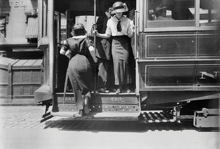 Two Women on Trolley Car, Broadway, New York City, New York, USA, Bain News Service, 1915 (b/w photo)