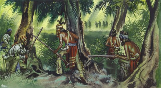 American native indians tracking British soldiers (gouache on paper)