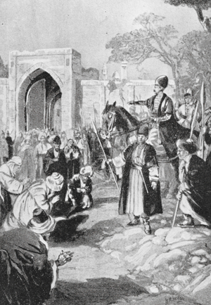 Bokhara opens its Gate to the Mongol Ogodai Khan, AD 1231 (litho)