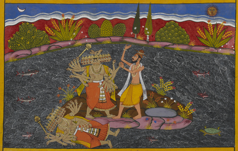 Rāvaṇa battles the mahāpuruṣa, the sage Kapila, who vanquishes him, 1653 (miniature)