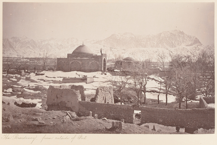 The Sha Sahid mosque with mountains in the background, Kabul, 1879 (b/w photo)