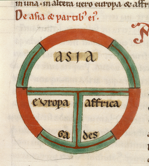 (Detail) Diagrammatic T-O map. The world portrayed as a circle divided by a 'T' shape into three continents, Asia, Europe, and Africa. At the base of the circle is Gades.