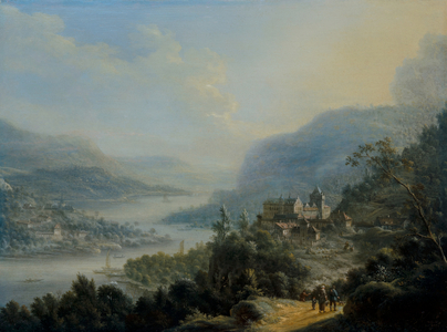 An extensive Rheinish landscape with travellers on a road by a castle, 1756 (oil on panel)