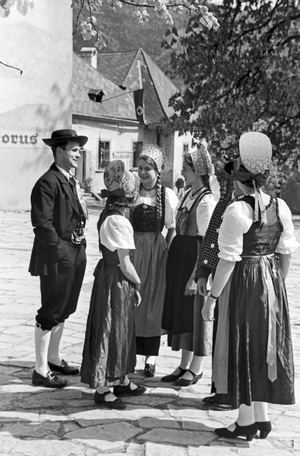 Villager in Austria celebrating the Dance into May, Germany 1930s (b/w photo)
