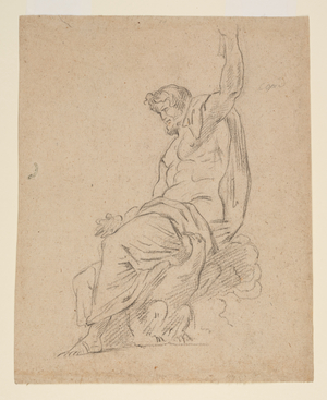 Recto: Seated figure of a man, possibly of Jupiter, on an eagle, reaching up with his left hand, 1801-80 (black chalk on paper)