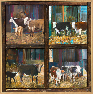 Cows and Calves, 2019 (oil on canvas and oak beams)