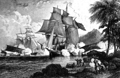 Sailboats attacked by pirates in Moluques island (now Indonesia) 18th century, engraving