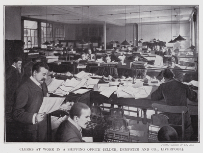 Clerks at work in a Shipping Office, Elder, Dempster and Company, Liverpool (b/w photo)