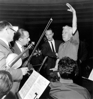 Charlie Chaplin in Paris Directing Conducting Musicians during Recording of Music For his Film A King in New York June 21, 1957 (b/w photo)